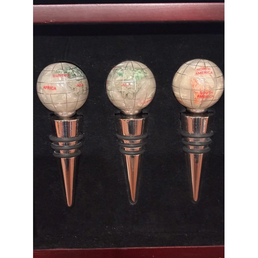 Vintage Gemstone Globe Wine Bottle Stoppers Set of 3 with Wood Gift Box